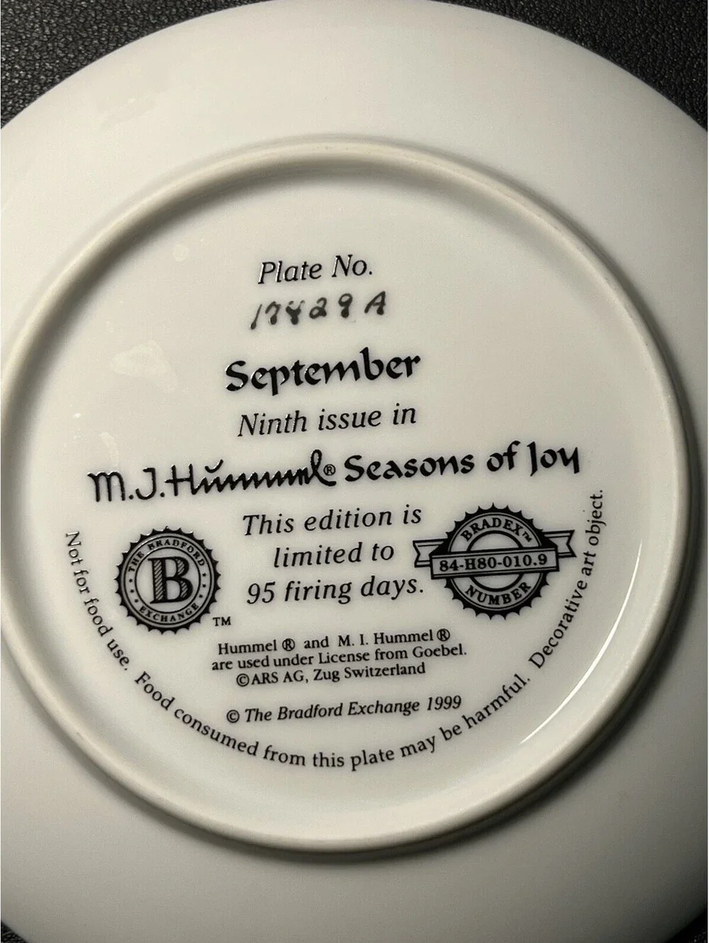 NIB Bradford Exchange 1990s Collector Plate Seasons Of Joy September, 6”